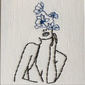 HAND MADE line art embroidery on canvas.